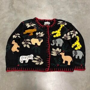 Vintage y2k 90s winter Christmas animals button up black knit sweater cardigan